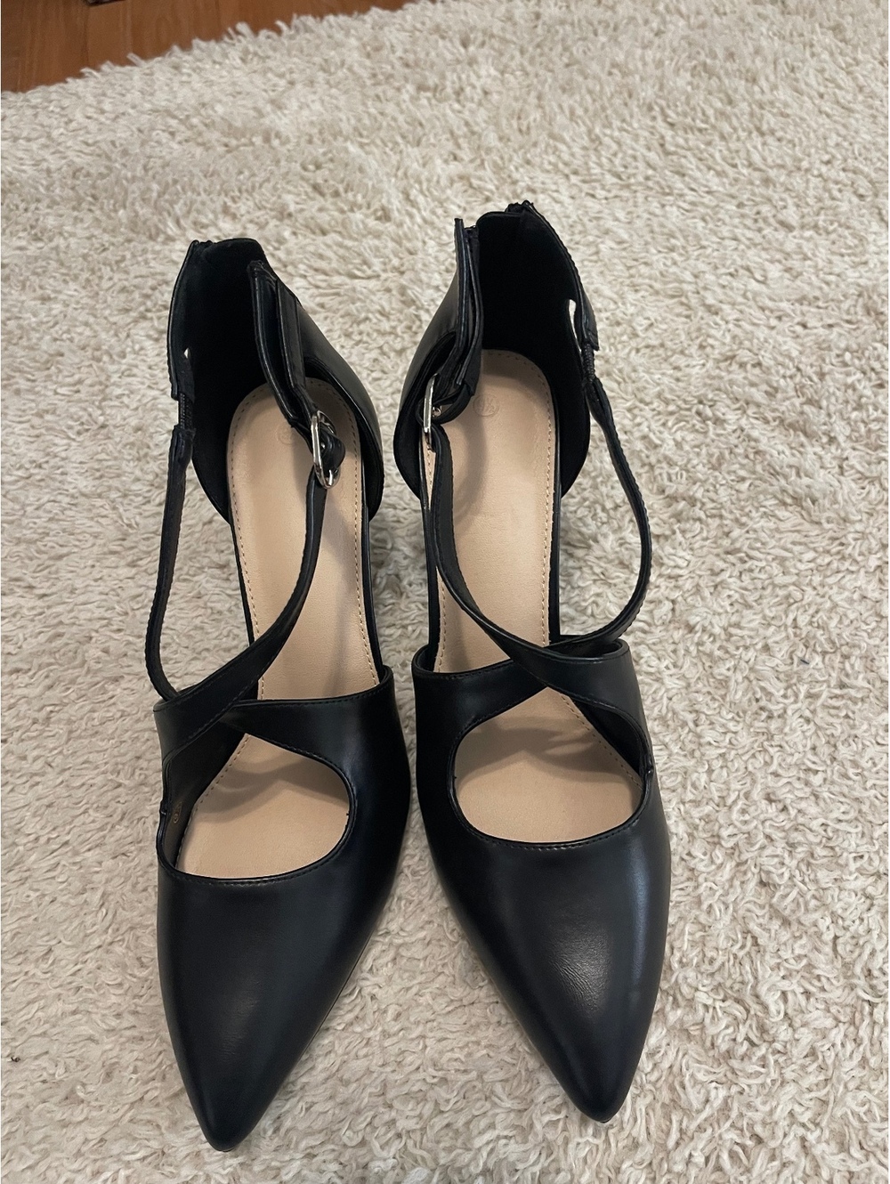 Black Strappy Pointed Toe Heels with Ankle Buckle size 9.5